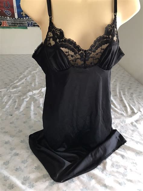 Vintage Vassarette Black Lace Slip Dress Size 24 38 Gem