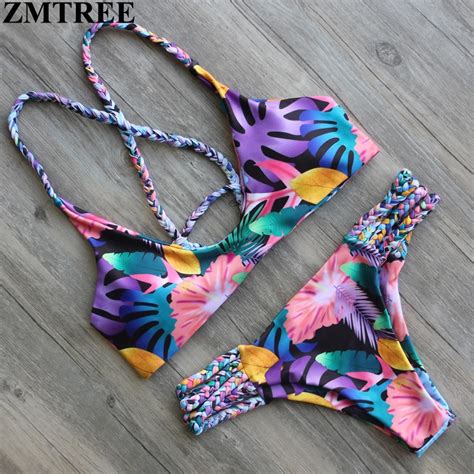 Zmtree Brand 2017 Newest Bikinis Floral Printed Brazilian Bikini Set Sexy Bandage Swimwear Women