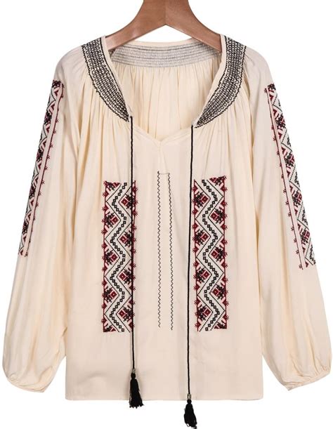 Apricot Long Sleeve Embroidered Loose Blouse Sheinsheinside