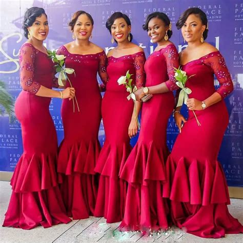 Sexy Nigerian Bridesmaids Dresses Mermaid With Sleeves Red Girl Lace Sexy African Maid Of Honor
