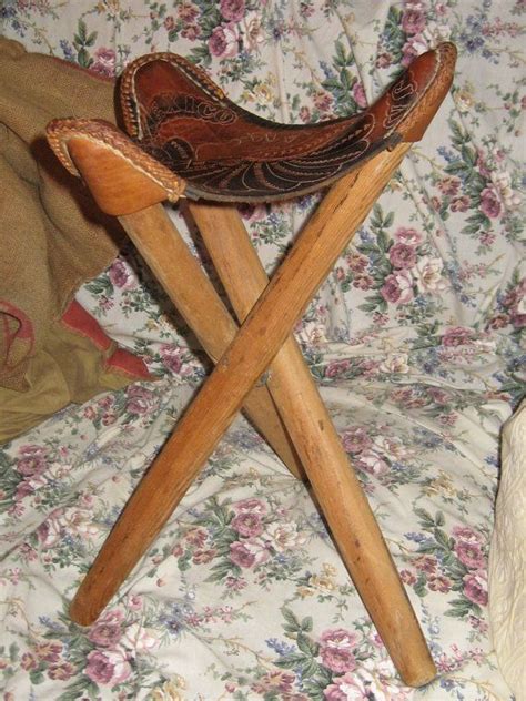 Vintage Hand Tooled Mexican Leather Saddle Seat Folding Tripod Stool