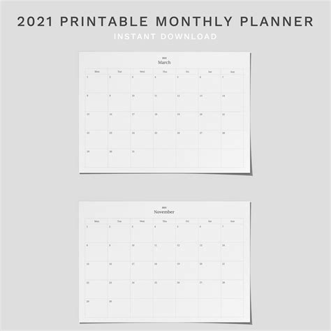 2021 Printable Monthly Calendar Monthly Planner Wall Etsy