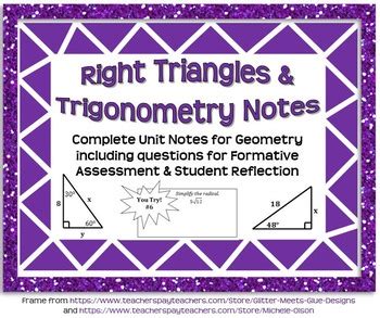 Some of the worksheets displayed are unit 8 right triangles name per, right triangle trig missing sides and angles, 9 solving right triangles, geometry practice test, chapter 8, unit 4 right triangle trigonometry, an overview of important topics, lesson right triangle trigonometry. Right Triangles and Trigonometry Notes (Complete Unit Guided Notes and Key)