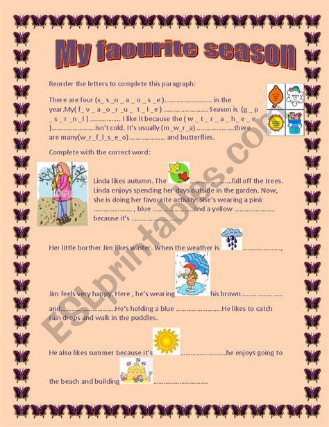 English Worksheets My Favourite Season Seasons Weather And Clothes