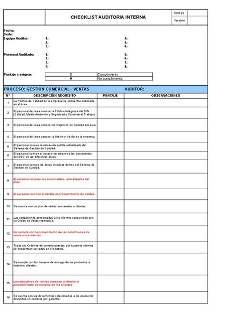 Checklist Auditoria Interna Calidad Comercial Auditoría Prueba