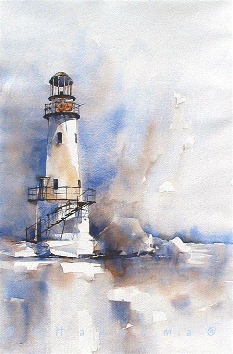 Lighthouse In Blueandbrown Watercolor Landscape Paintings Lighthouse