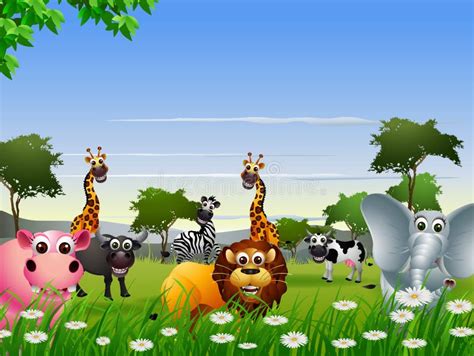 Funny Animal Cartoon With Nature Background Stock Illustration