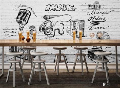 White Brick Wall Black And White Drawing Music Restaurant Bar Art Wall