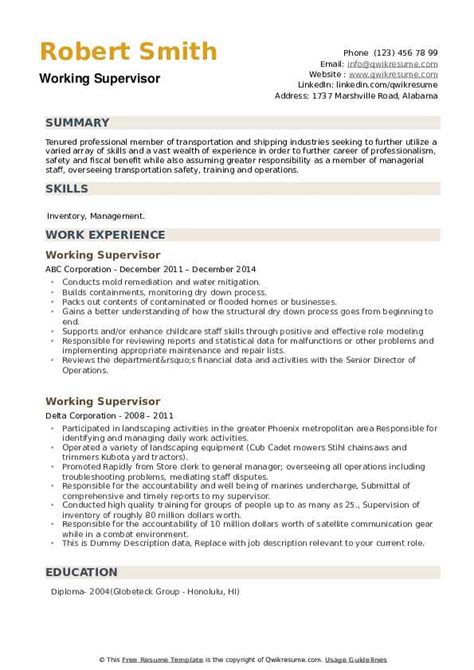 Electrical supervisors oversee teams of electricians and make sure they do their job thoroughly and respect electrical supervisor. Working Supervisor Resume Samples | QwikResume