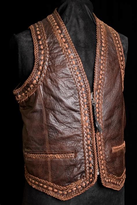Triple Laced Leather Vest Zip Front Men’s Vest With Extensive Hand Lacing And Two Laced Trim P