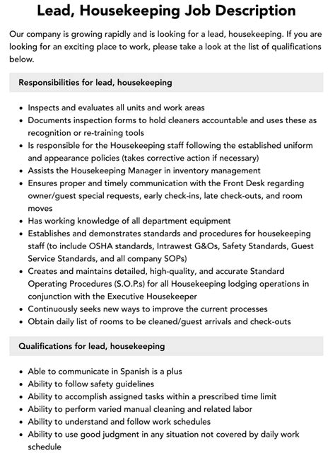 Lead Housekeeping Job Description Velvet Jobs