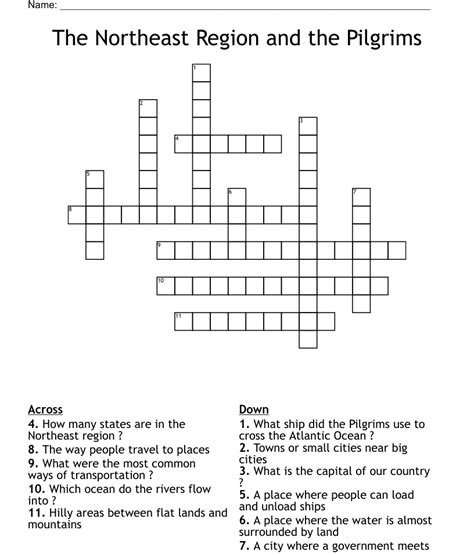 The Northeast Region And The Pilgrims Crossword Wordmint