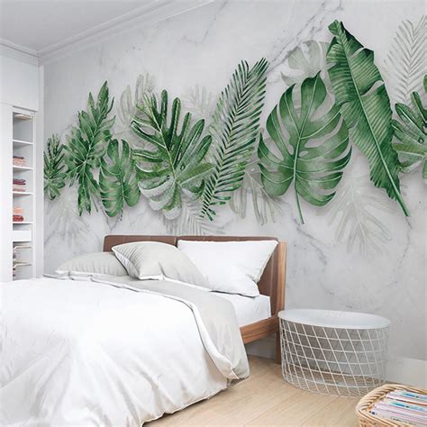 Watercolor Hand Painted Fresh Tropical Leaves Wallpaper Wall Etsy