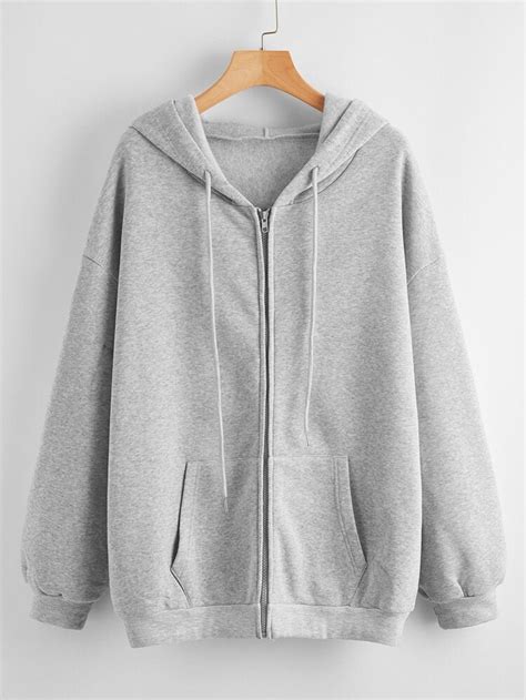 Light Grey Oversized Solid Zip Up Drawstring Hooded Sweatshirt Etsy