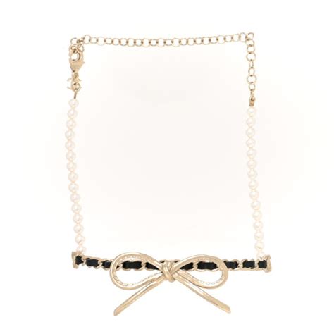 Chanel Calfskin Pearl Metal Cc Bow Choker Necklace Gold White Black