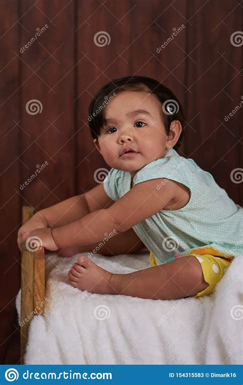Adorable Baby Sit On White Bed Stock Image Image Of Sleep Child