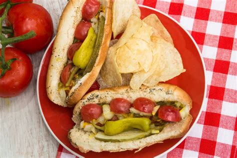 Chicago Style Hot Dogs With Potato Chips On Plate Stock Image Image