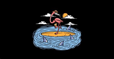 Funny Cartoon Flamingo Surrounded By Sharks Funny Flamingo Posters