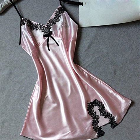 Hooudo Womens Sexy Suspenders Nightdress Sexy V Neck Silk Satin Pajamas Lingerie Dress