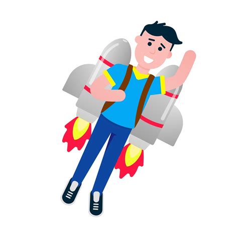 Boy Flying With Rocket Jetpack Like A Super Hero Pilot Flat Style