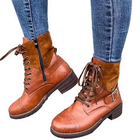 Difumos Womens Mid Calf Zipper Lace Up Boots Ladies Army Combat