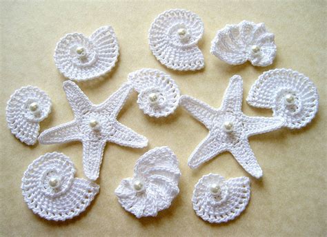 Crochet Sea Motifs Set Of 11 In White With Pearls Wedding Decoration