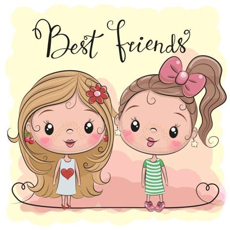 Two Friends Cute Cartoon Girls On A Yellow Background Cute Cartoon Girl Friend Cartoon Girl