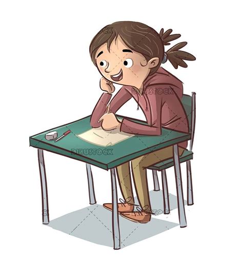 Student Girl Sitting At Desk Writing Dibujos Animados Arte De