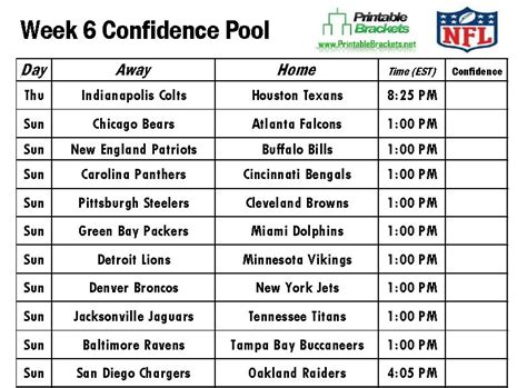 Nfl Confidence Pool Week 6 Football Confidence Pool Week 6