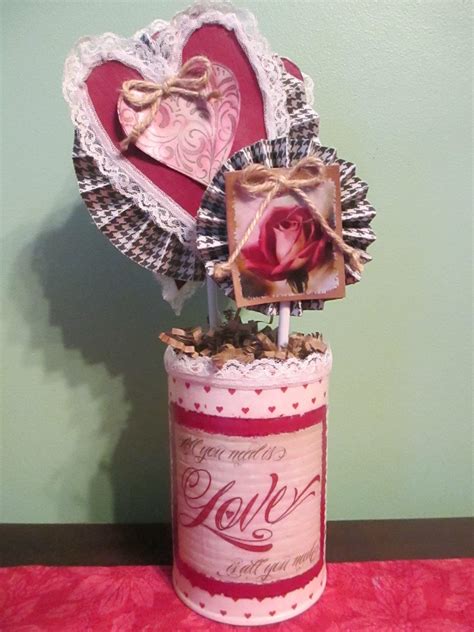 Valentines Day Decor Recycled Tin Can Decoupaged Paper Rosettes