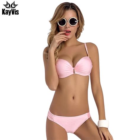 Kayvis Girls Bikini Sexy Retro Pink Swimsuit Solid With Beads Vintage Female Swimwear 2018