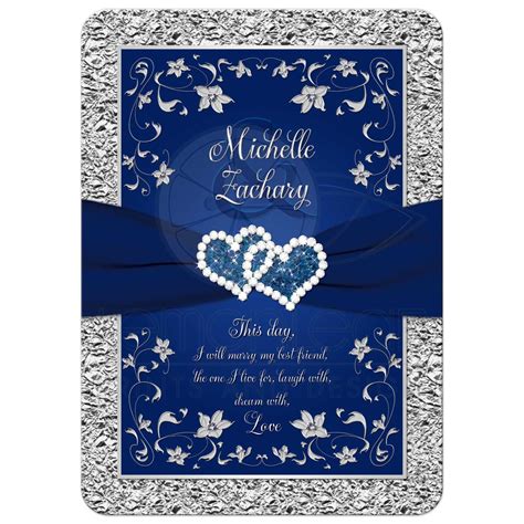 Wedding Invitation Navy Blue Silver Joined Hearts Floral Foil