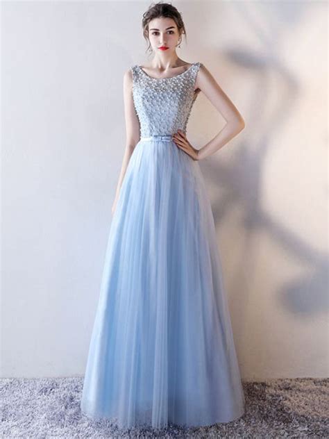 Chic A Line Scoop Modest Light Sky Blue Beading Long Prom Dress Evenin
