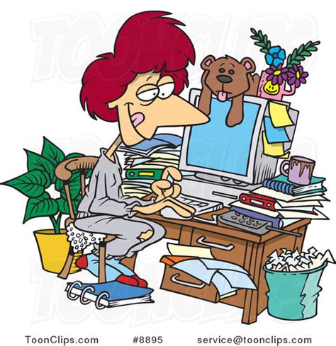 Cartoon Lady Working In Her Pjs In Her Cluttered Home Office 8895 By