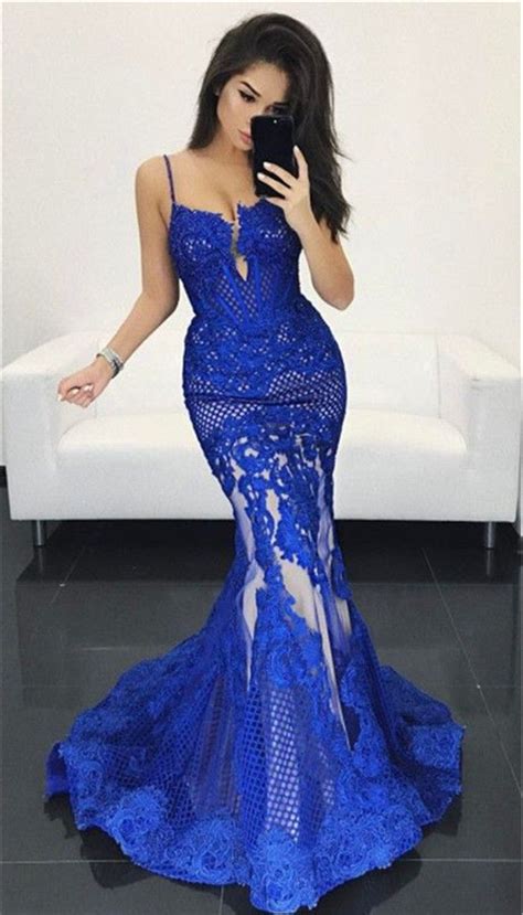 Gorgeous Mermaid Sweetheart Spaghetti Straps Royal Blue Mesh Lace Prom Dress Blue Lace Prom