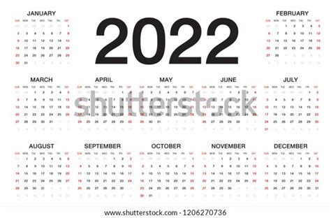 Calendar 2022 Week Starts Sunday Business Stock Vector Royalty Free