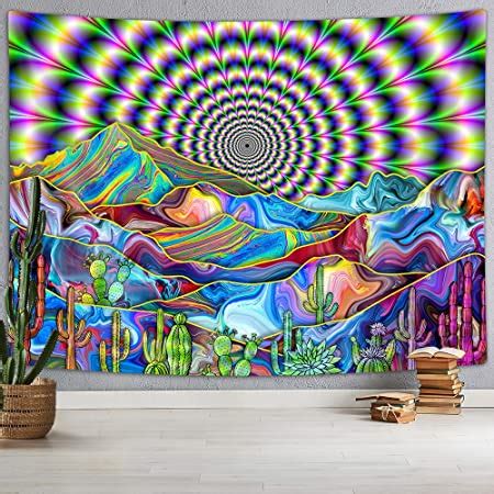 Amazon Com Psychedelic Tapestry Trippy Mountain Cactus Tapestry Mystic