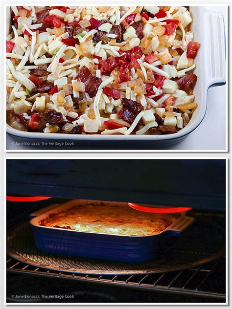 Yummy cheesy potatoes with peppers and onions then topped with french fried onions! Easy Cheesy Potatoes O'Brien Bacon Casserole (Gluten-Free) • The Heritage Cook