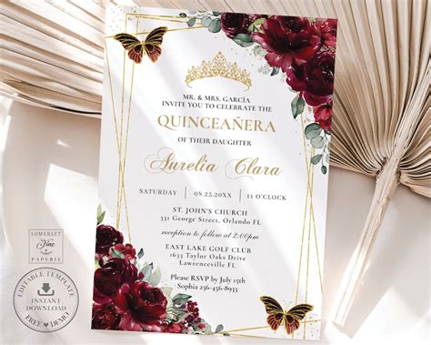 Burgundy Floral Butterflies Quinceañera Invitation Editable Etsy