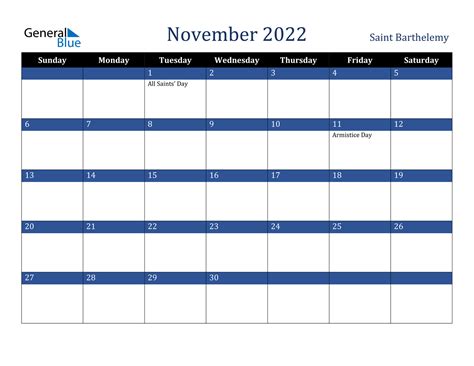 November 2022 Calendar Saint Barthelemy