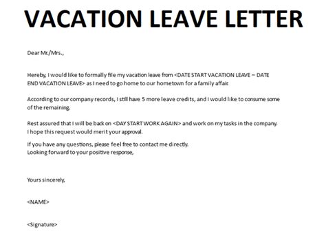 Example Of Vacation Leave Letter Printable Templates
