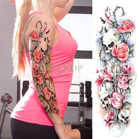 Waterproof Temporary Tattoo Sticker Rose Cross Skull Full Arm Fake
