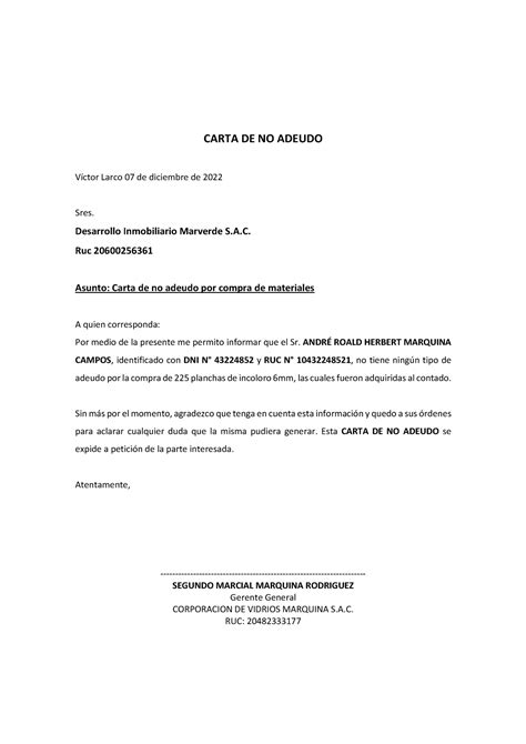 Carta No Adeudo Economia Carta De No Adeudo Víctor Larco 07 De