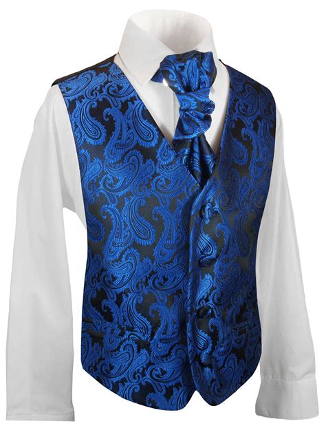 Boys Royal Blue Paisley Tuxedo Vest With Cravat Black Tie Attire
