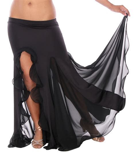 egyptian style belly dance skirt with ruffle side slit in black at