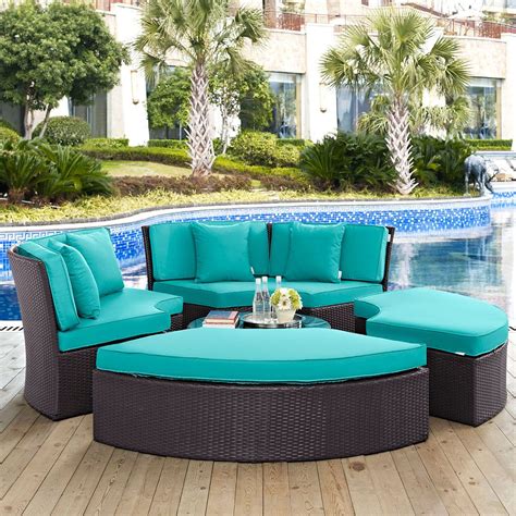 Modway Convene 5 Piece Outdoor Daybed Set In Espresso And Turquoise