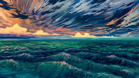 Download Scenery Sea Waves Sea Clouds Digital Art Wallpaper