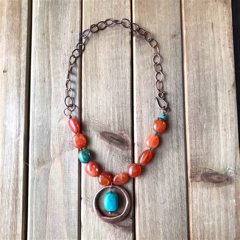 Chunky Carnelian And Turquoise Necklace Asymmetric Necklace Etsy