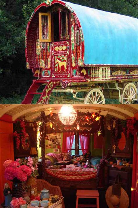 Young Bohemian Hippie Girl Standing In Front Of Traditional Gypsy Caravan Or Cart In Forest