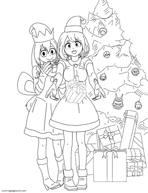 Tsuyu Asui And Ochaco Uraraka Christmas Coloring Pages My Hero